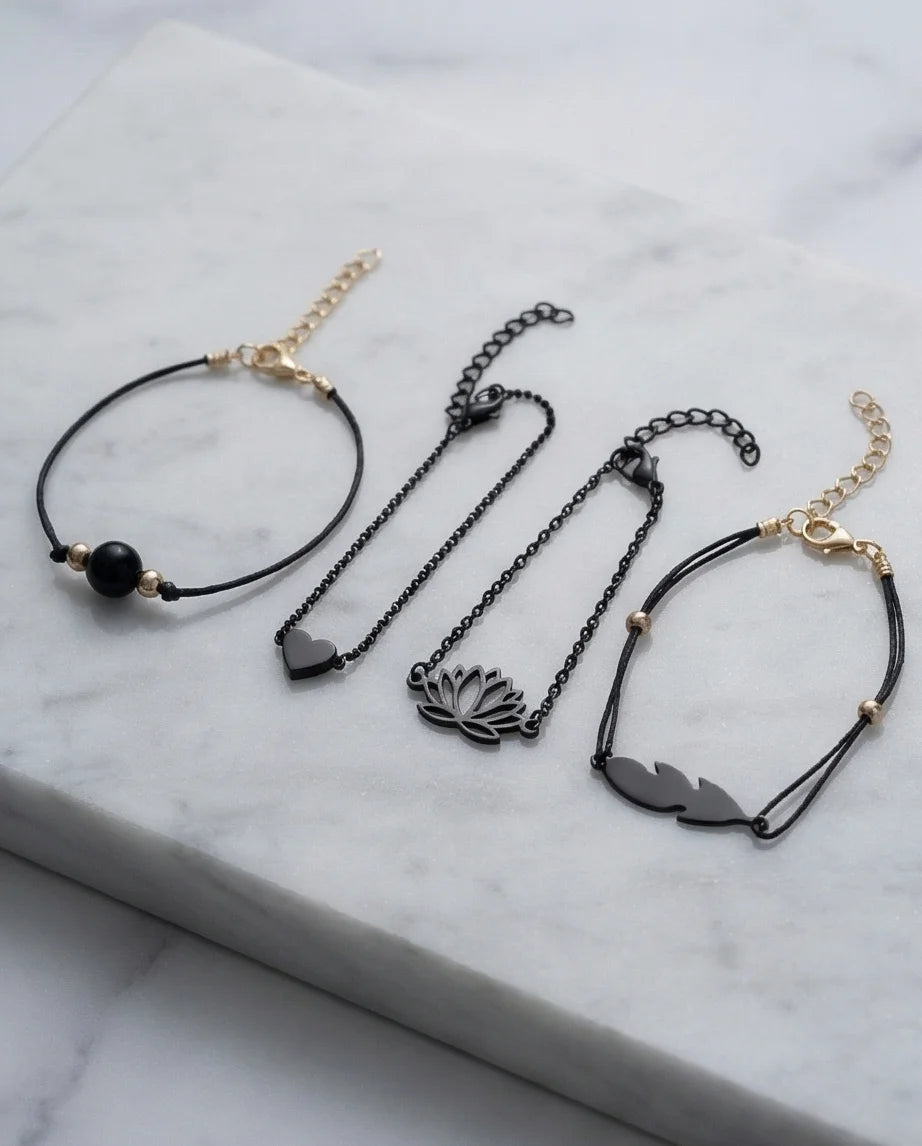 The Obsidian Bloom: 4-Piece Minimalist Bracelet Set
