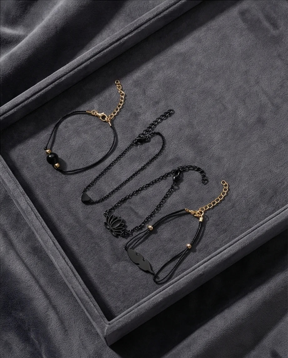 The Obsidian Bloom: 4-Piece Minimalist Bracelet Set