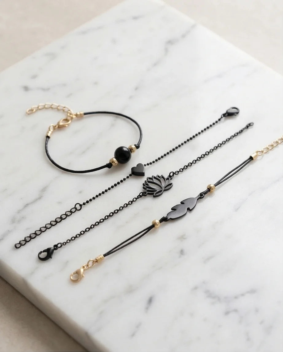 The Obsidian Bloom: 4-Piece Minimalist Bracelet Set