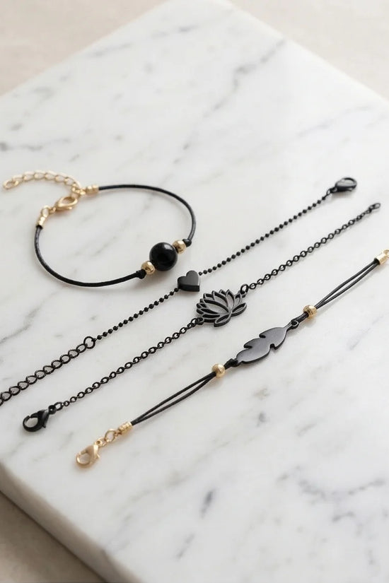 The Obsidian Bloom: 4-Piece Minimalist Bracelet Set