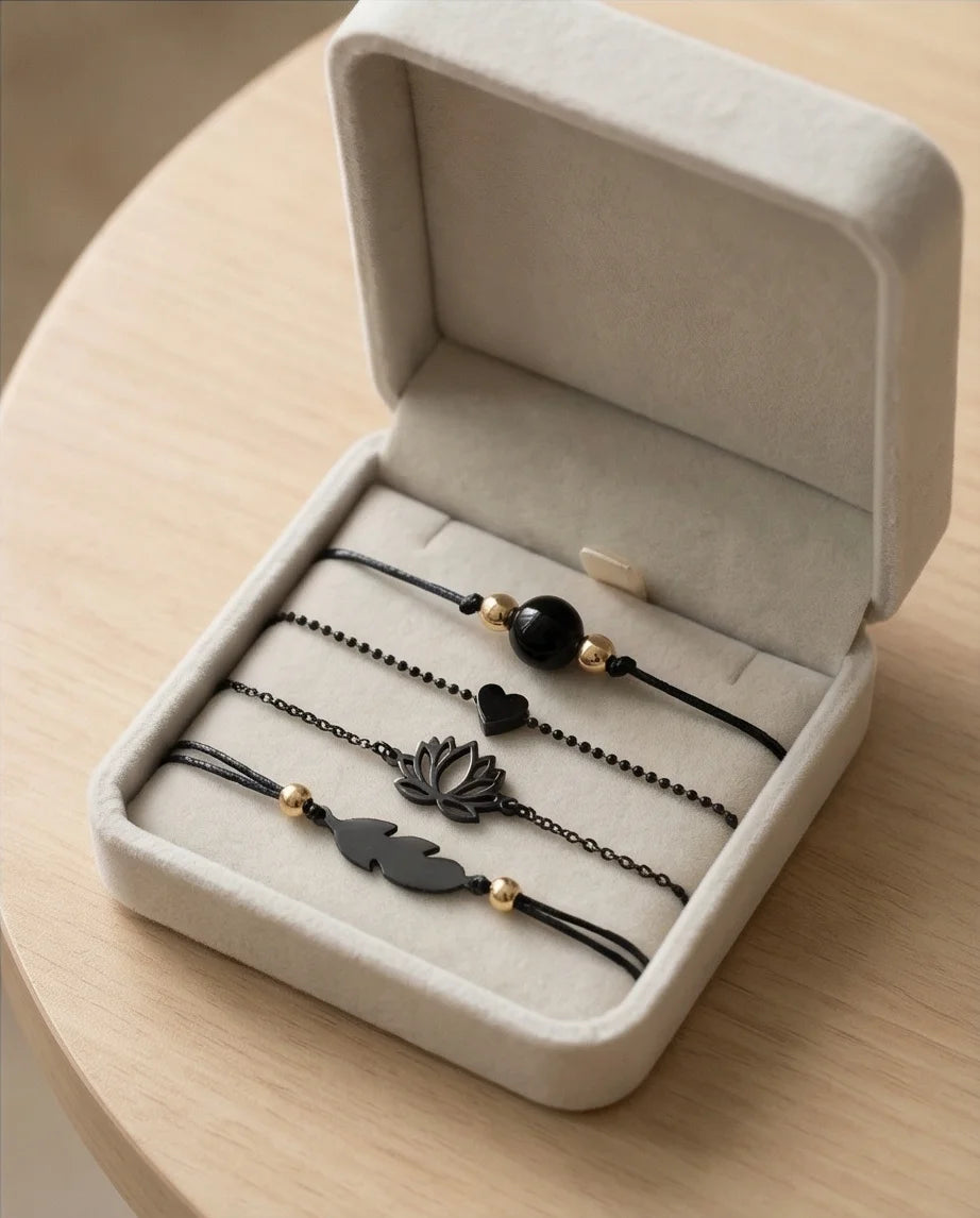 The Obsidian Bloom: 4-Piece Minimalist Bracelet Set