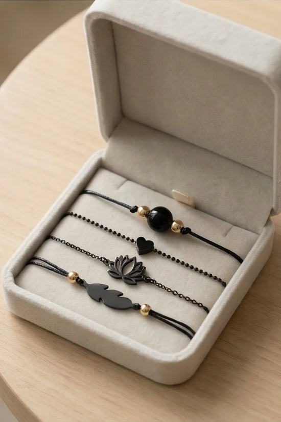 The Obsidian Bloom: 4-Piece Minimalist Bracelet Set