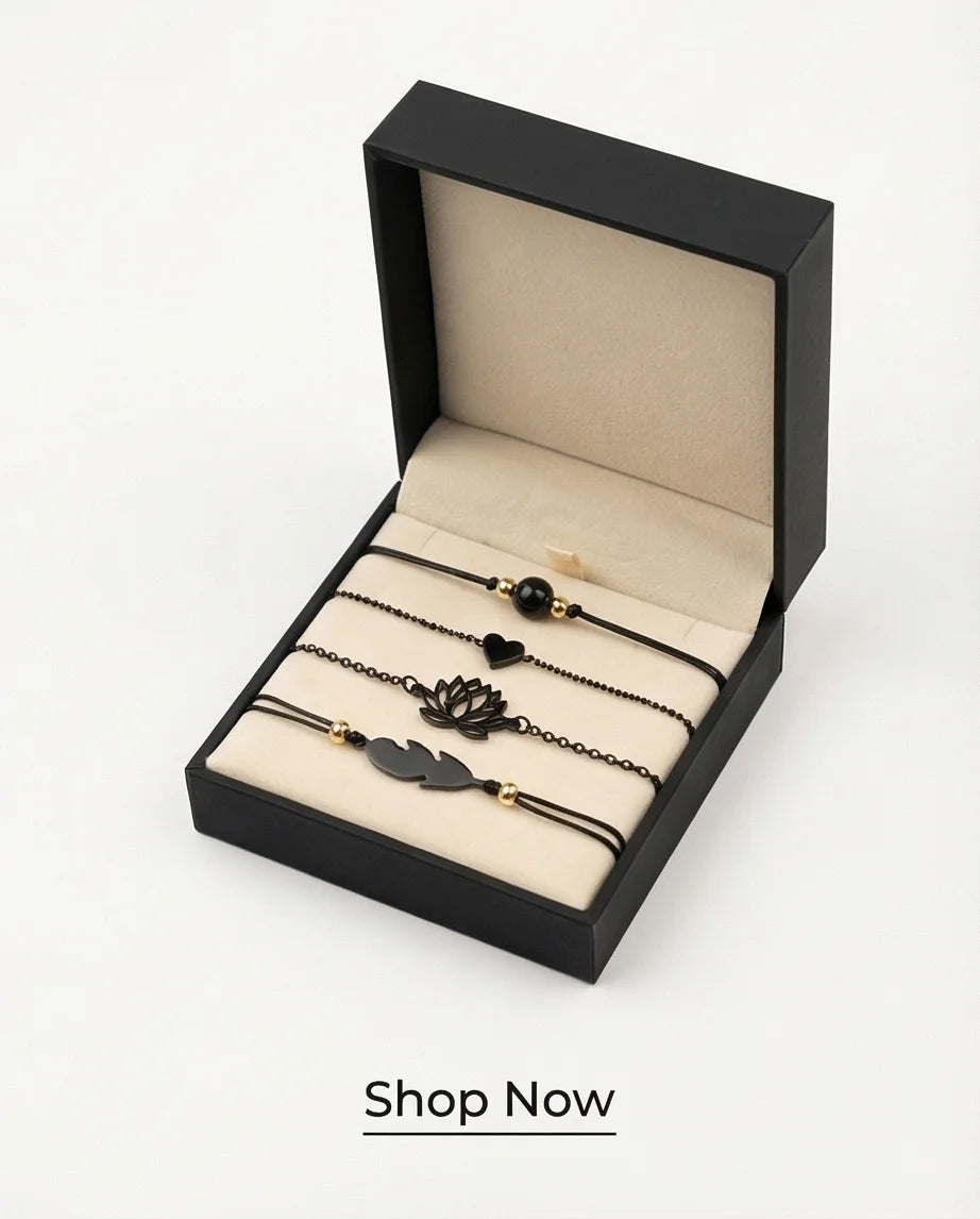 The Obsidian Bloom: 4-Piece Minimalist Bracelet Set