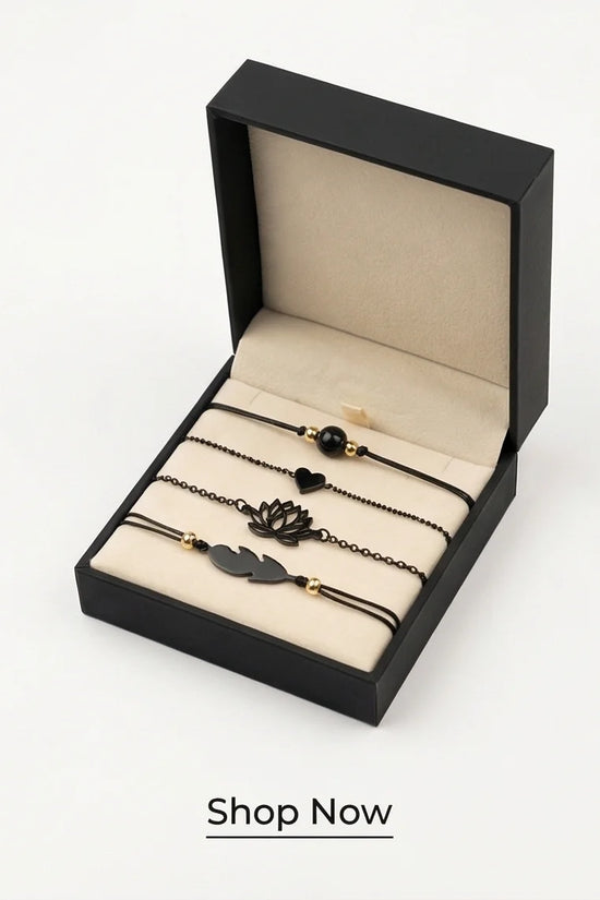 The Obsidian Bloom: 4-Piece Minimalist Bracelet Set