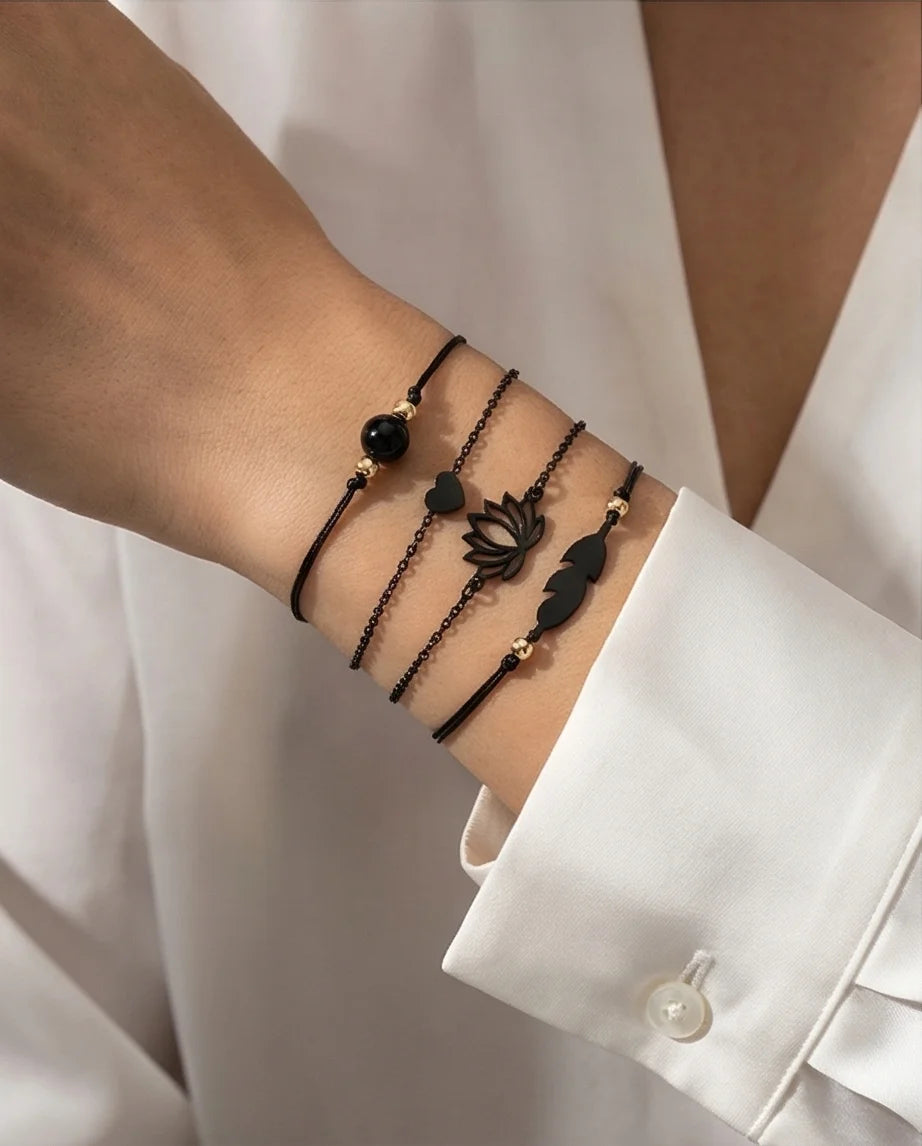 The Obsidian Bloom: 4-Piece Minimalist Bracelet Set