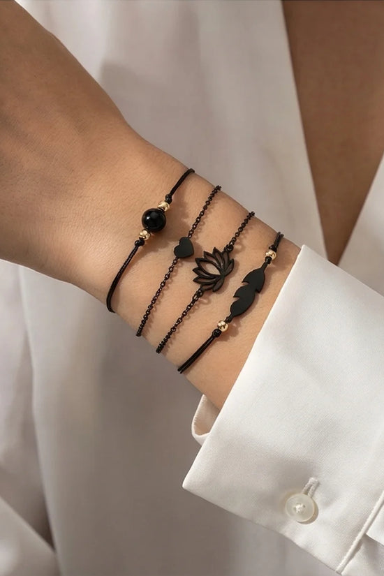 The Obsidian Bloom: 4-Piece Minimalist Bracelet Set