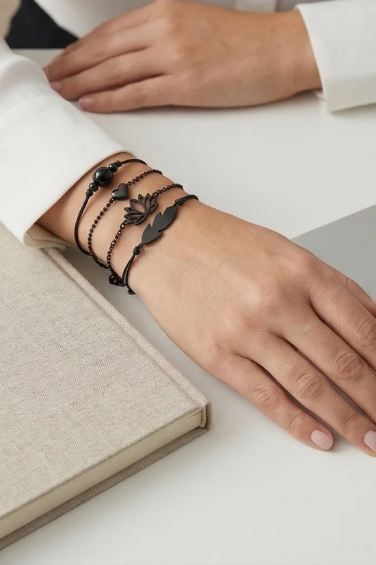 The Obsidian Bloom: 4-Piece Minimalist Bracelet Set