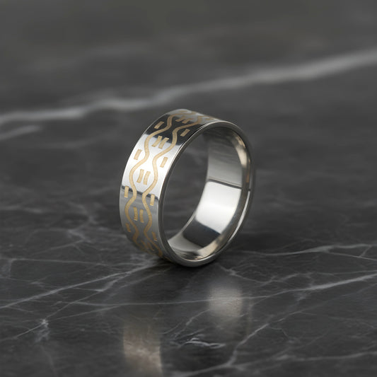 Silver & Gold Pattern Stainless Steel Ring 6.5cm