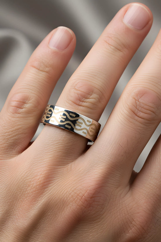 Silver & Gold Pattern Stainless Steel Ring 6.5cm