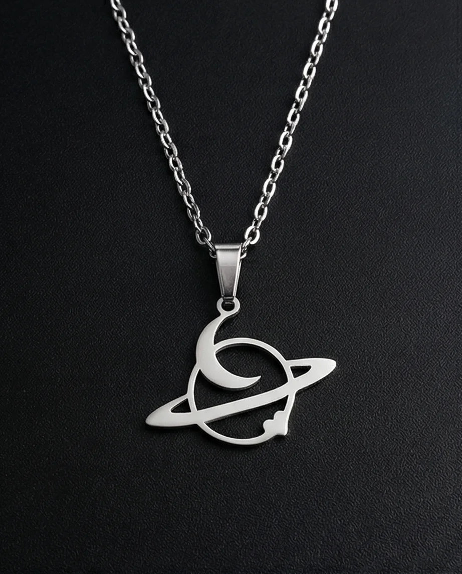 The Saturn Orbit: Crescent Moon & Planet Necklace