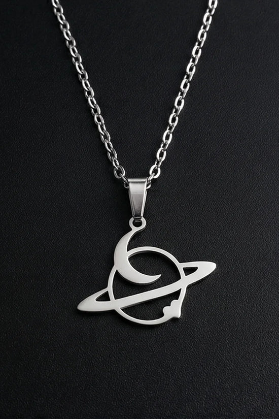 The Saturn Orbit: Crescent Moon & Planet Necklace