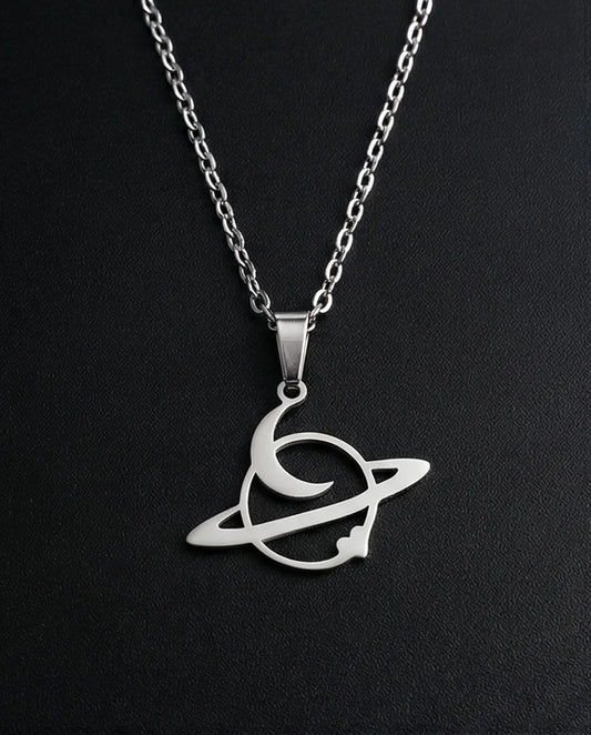 The Saturn Orbit: Crescent Moon & Planet Necklace