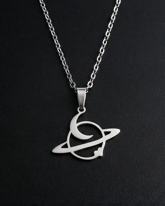 The Saturn Orbit: Crescent Moon & Planet Necklace