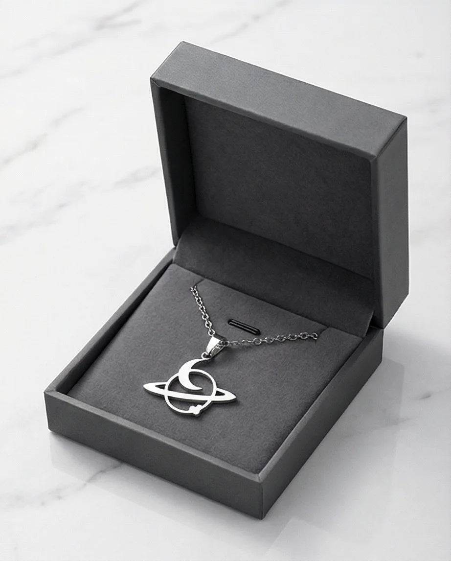 The Saturn Orbit: Crescent Moon & Planet Necklace