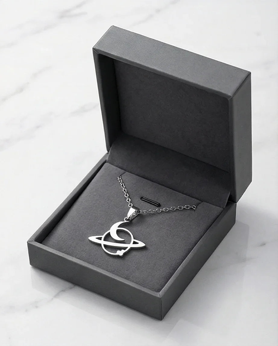 The Saturn Orbit: Crescent Moon & Planet Necklace