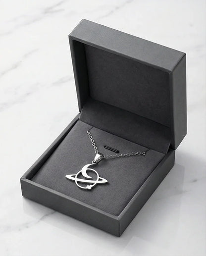 The Saturn Orbit: Crescent Moon & Planet Necklace