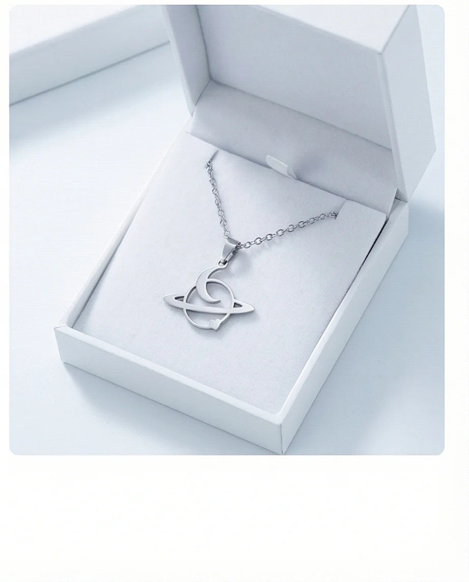 The Saturn Orbit: Crescent Moon & Planet Necklace