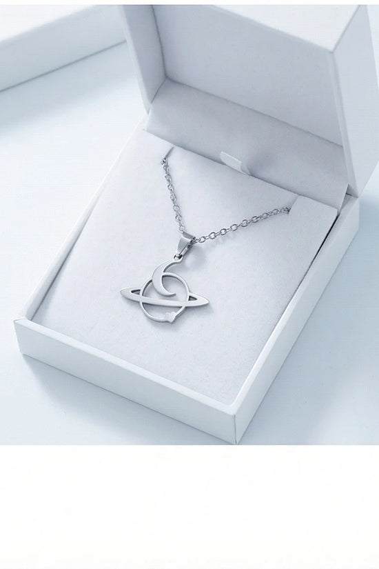 The Saturn Orbit: Crescent Moon & Planet Necklace