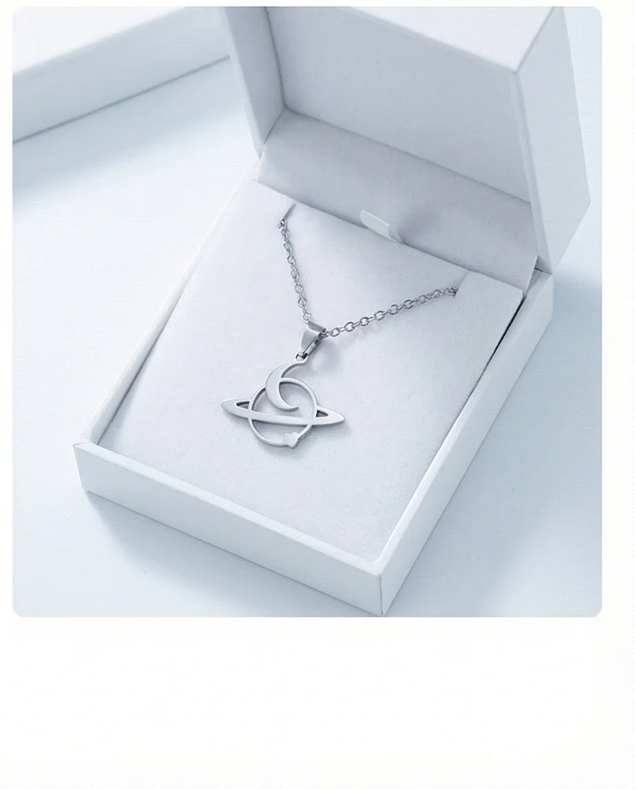The Saturn Orbit: Crescent Moon & Planet Necklace
