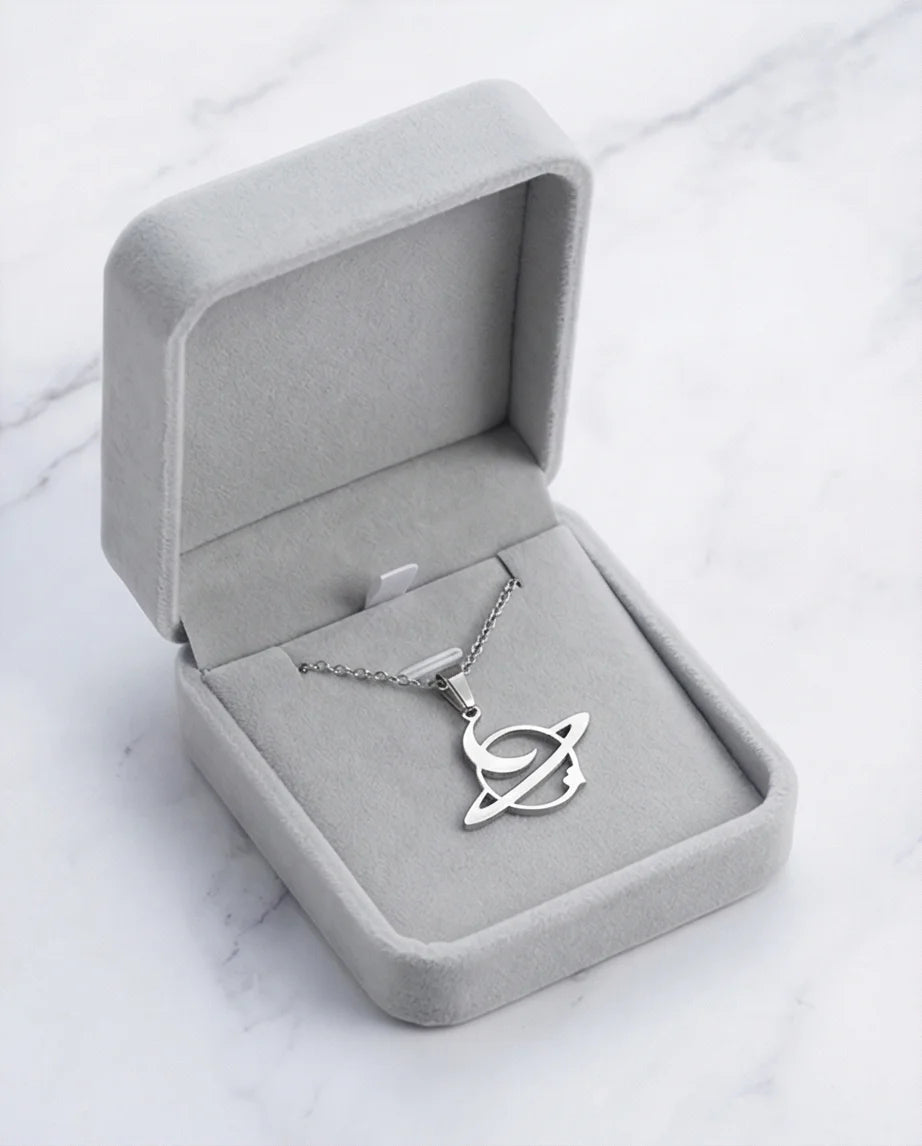 The Saturn Orbit: Crescent Moon & Planet Necklace