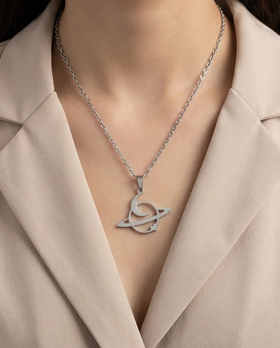 The Saturn Orbit: Crescent Moon & Planet Necklace