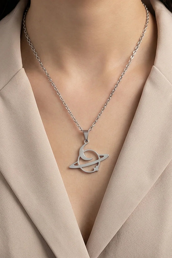 The Saturn Orbit: Crescent Moon & Planet Necklace