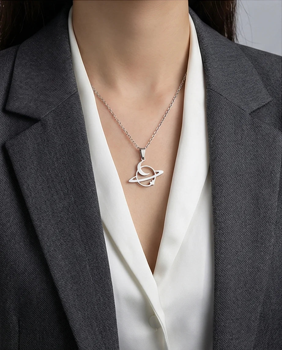 The Saturn Orbit: Crescent Moon & Planet Necklace