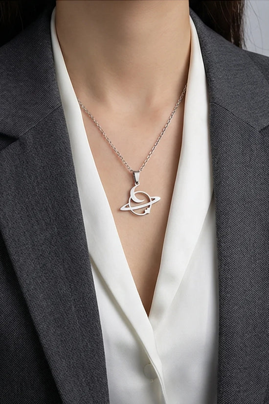 The Saturn Orbit: Crescent Moon & Planet Necklace