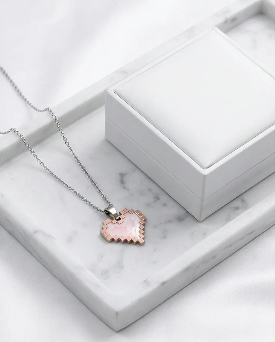 The Digital Blush: Marbled Rose Gold Pixel Heart