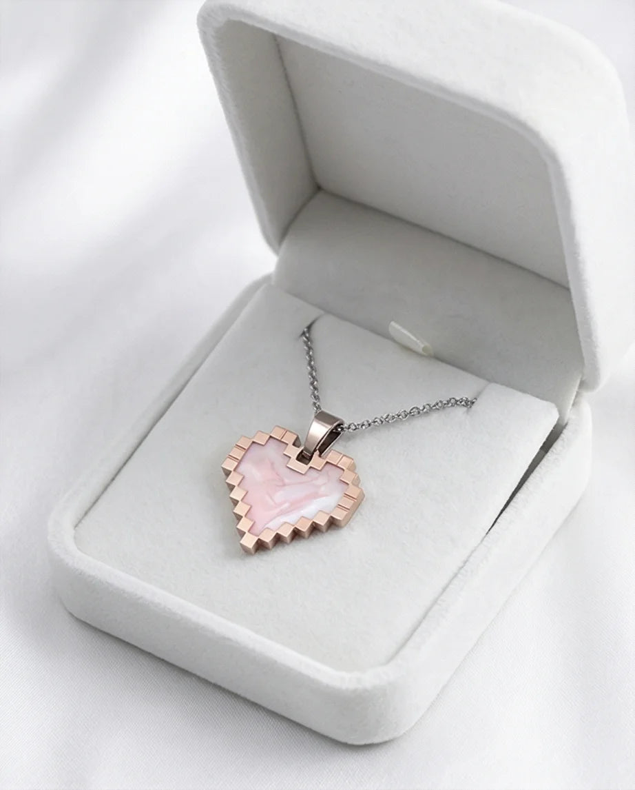 The Digital Blush: Marbled Rose Gold Pixel Heart