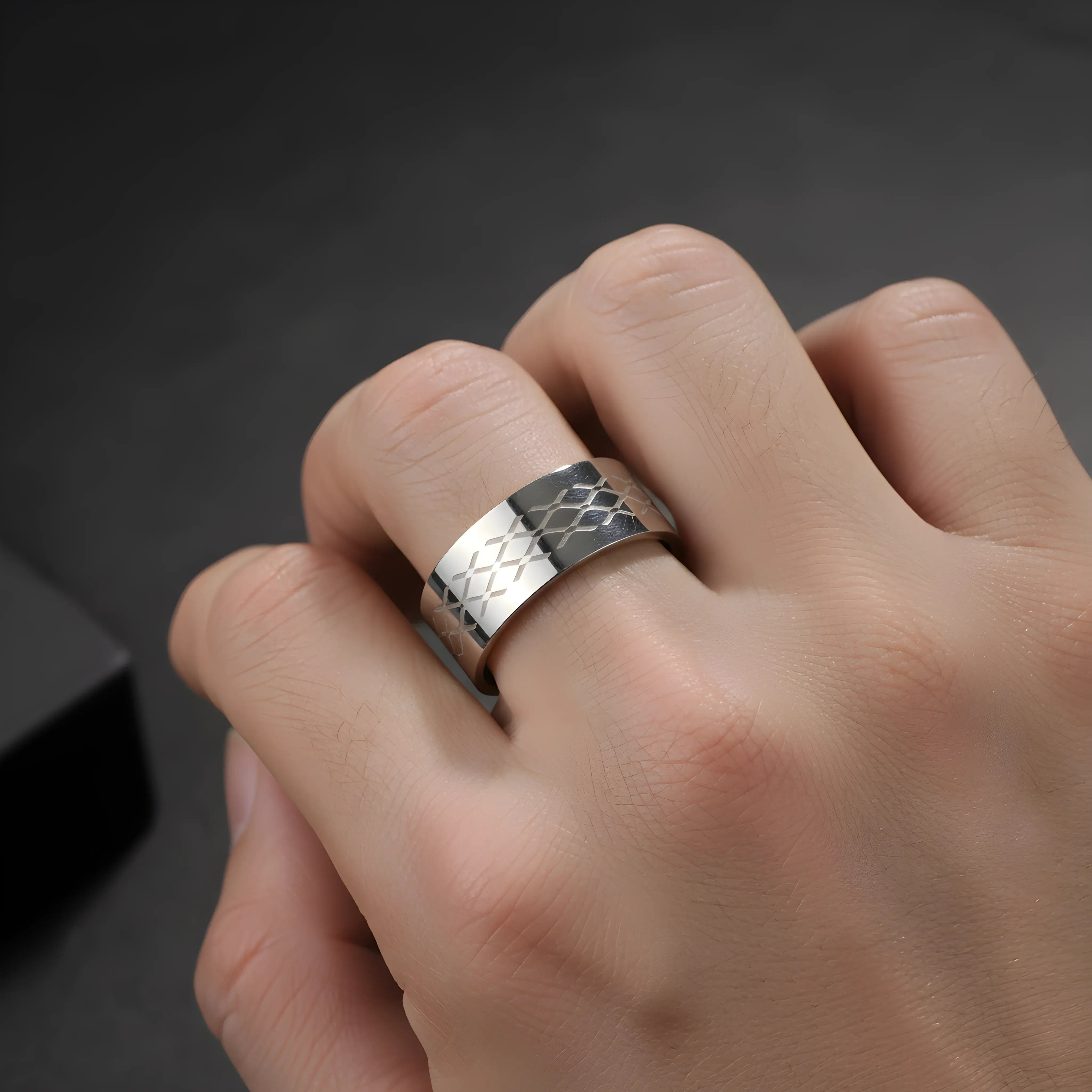 Engraved Silver Steel Ring 5.6cm