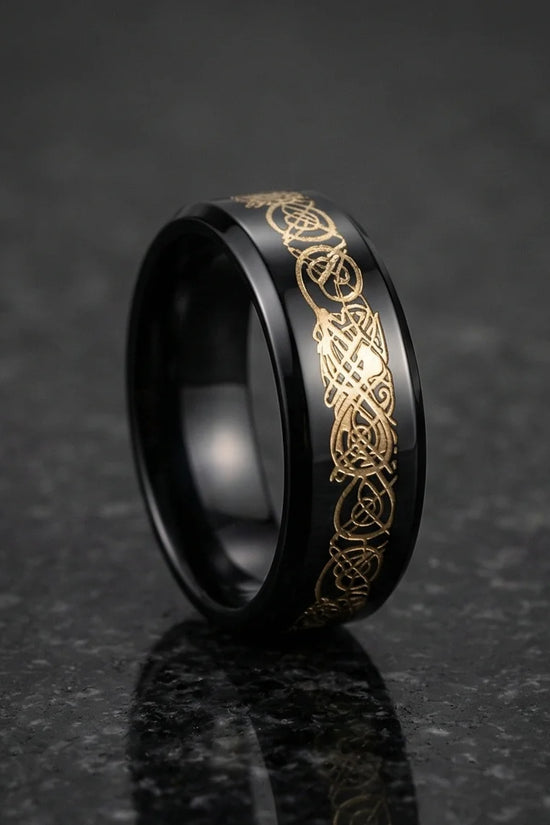 Black & Gold Celtic Wolf-Knot Ring