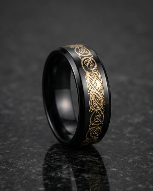 Black & Gold Celtic Wolf-Knot Ring