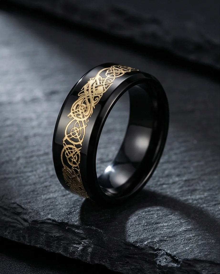 Black & Gold Celtic Wolf-Knot Ring