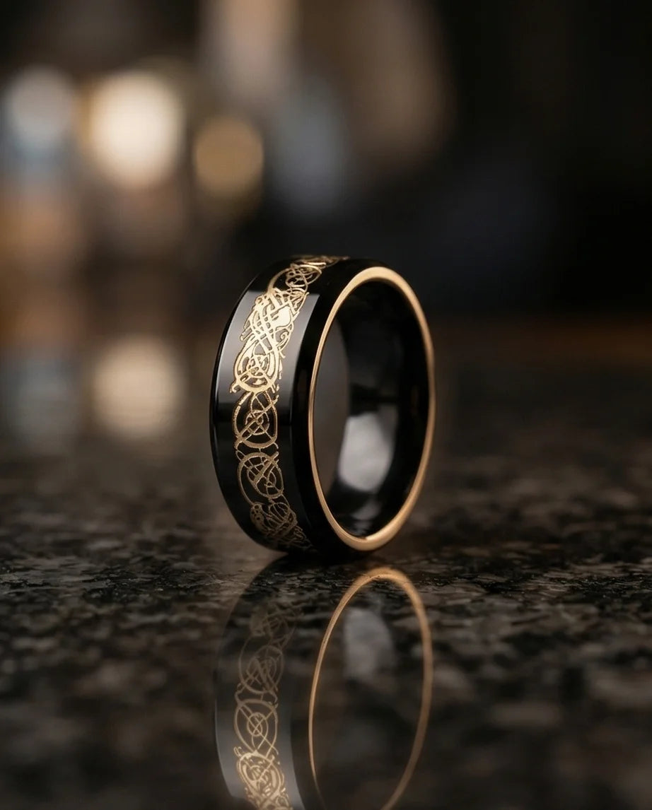 Black & Gold Celtic Wolf-Knot Ring