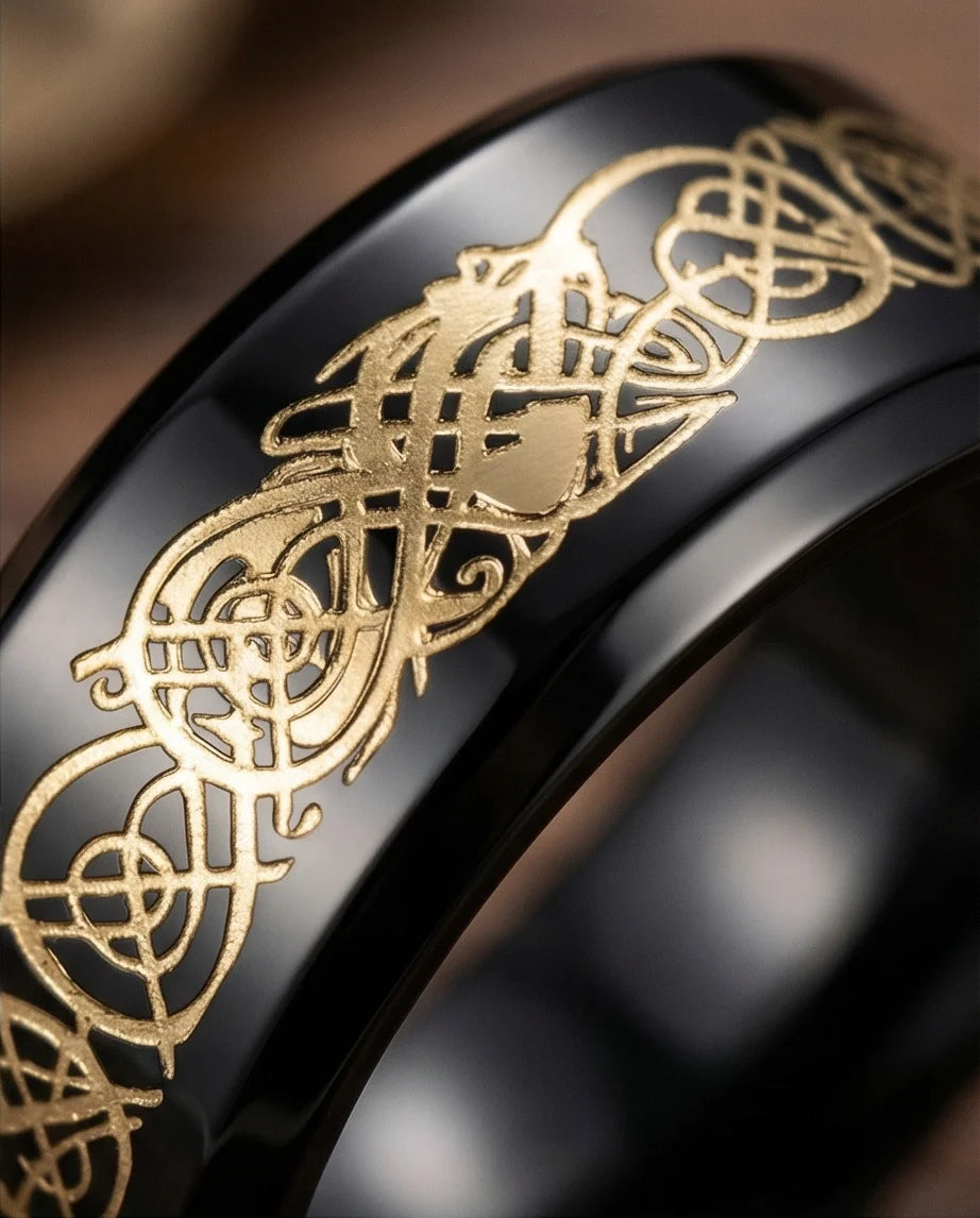 Black & Gold Celtic Wolf-Knot Ring