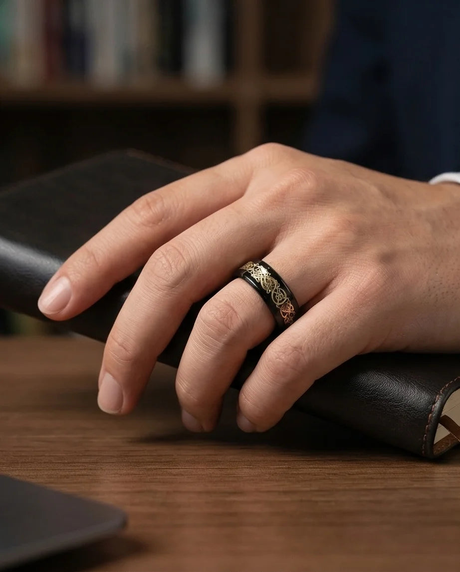 Black & Gold Celtic Wolf-Knot Ring