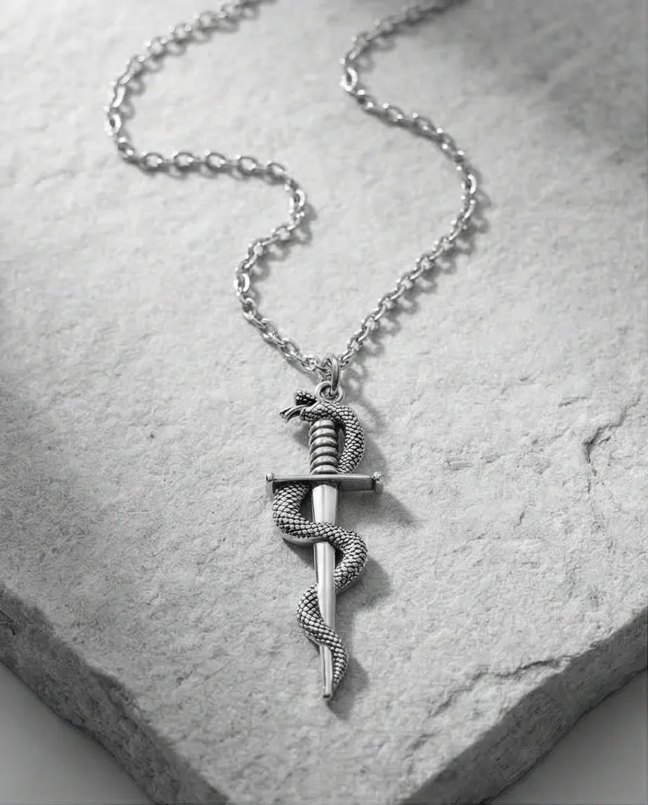 The Serpentine Blade: Antique Silver Guardian Necklace