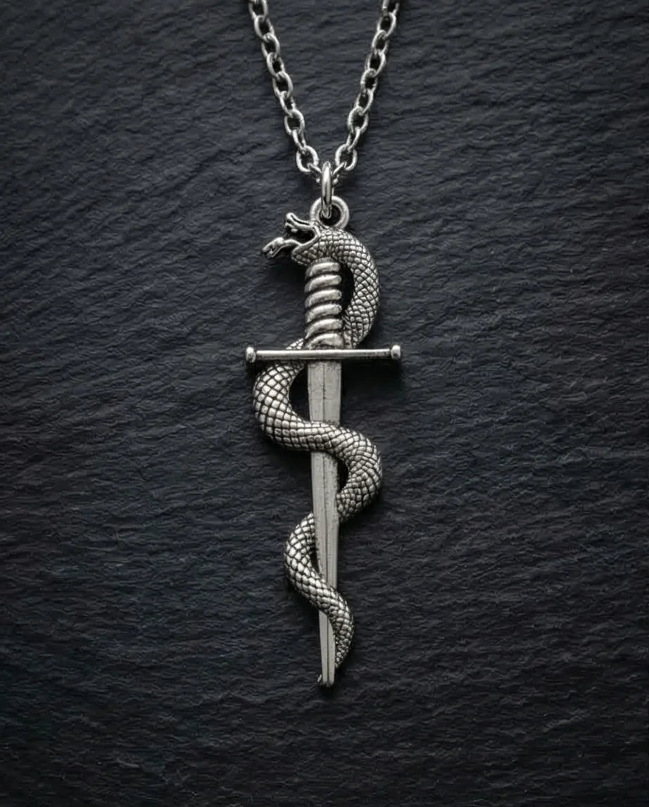 The Serpentine Blade: Antique Silver Guardian Necklace