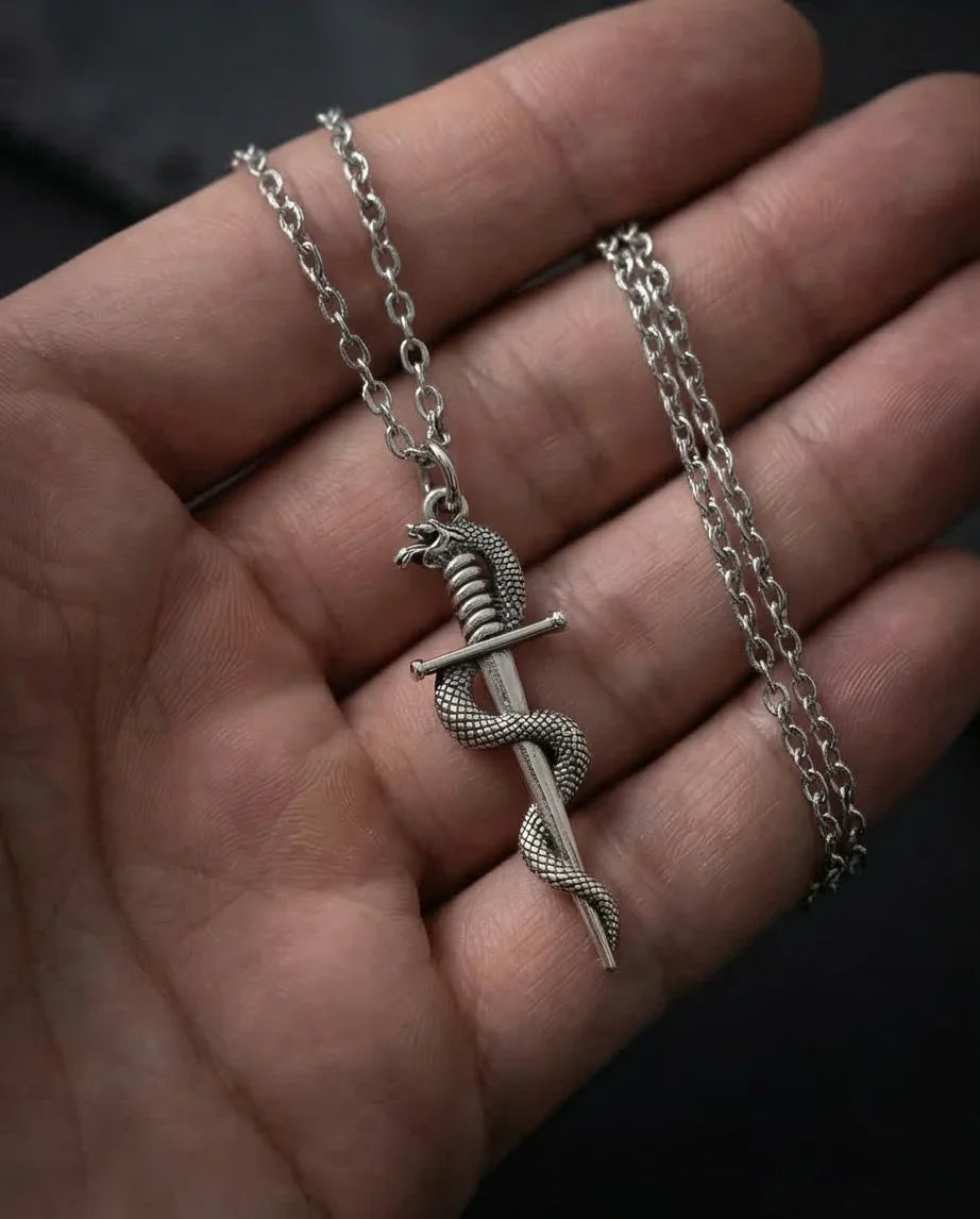 The Serpentine Blade: Antique Silver Guardian Necklace