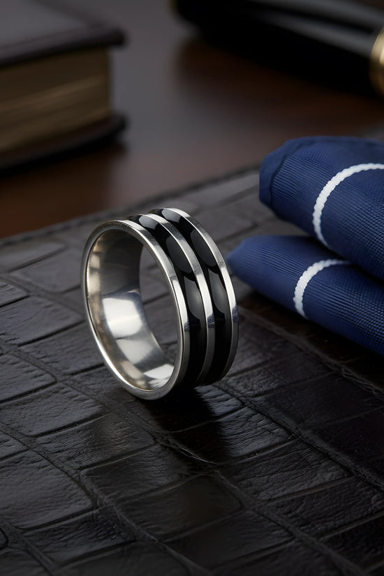Dual Black Stripe Steel Ring 6.2cm