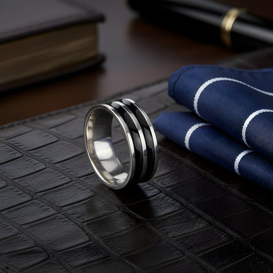 Dual Black Stripe Steel Ring 6.2cm