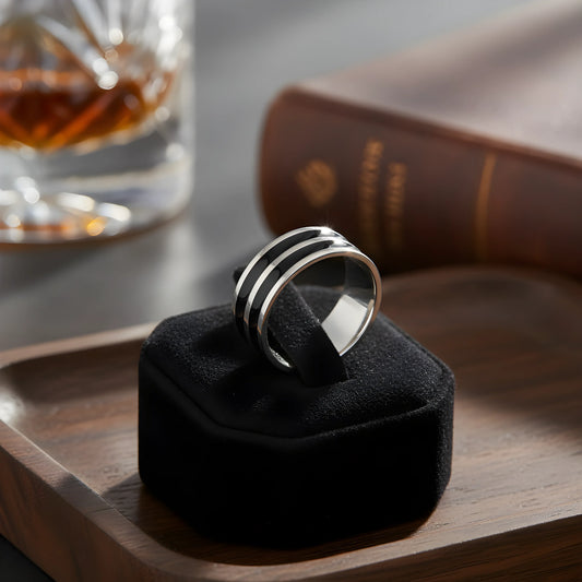 Dual Black Stripe Steel Ring 6.2cm