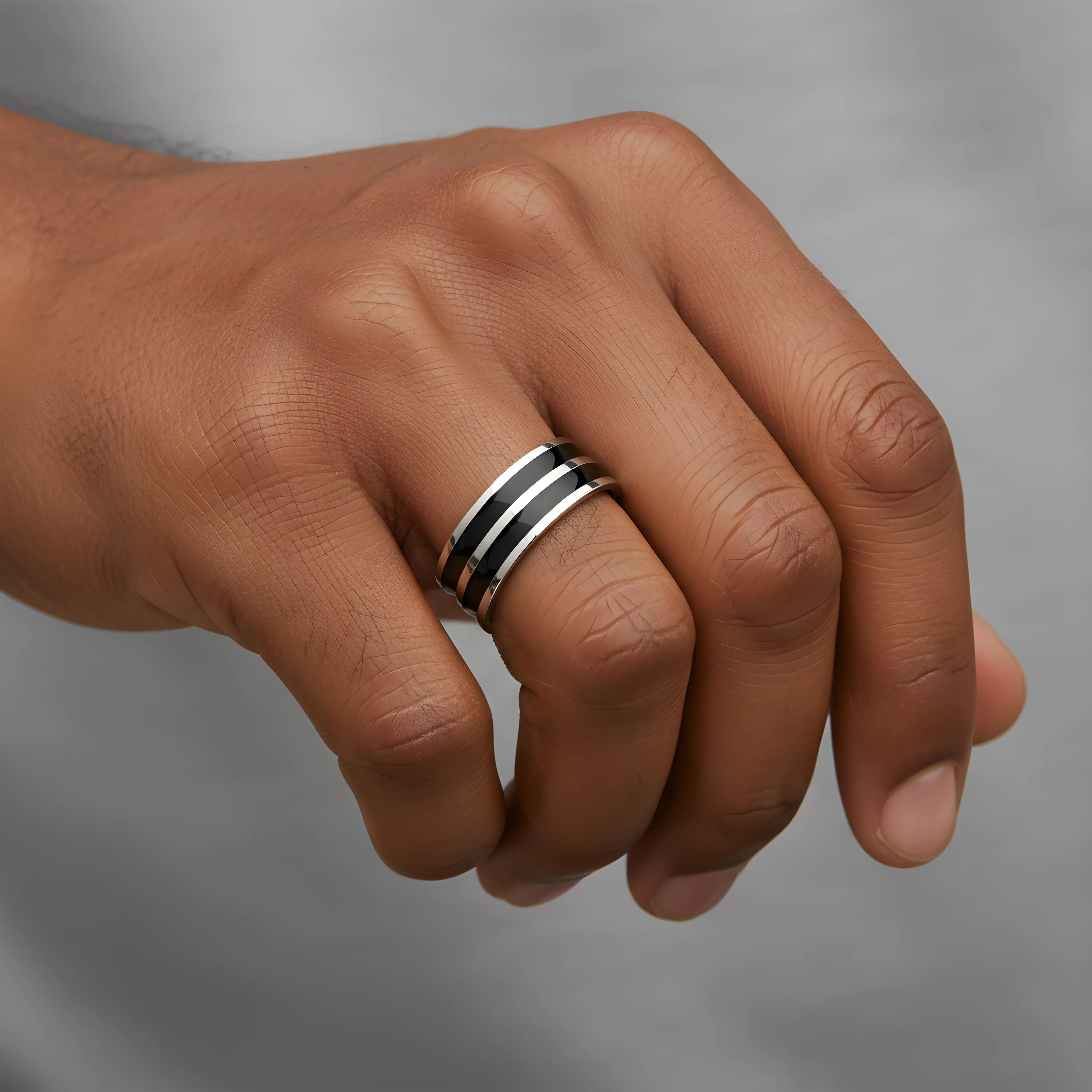 Dual Black Stripe Steel Ring 6.2cm