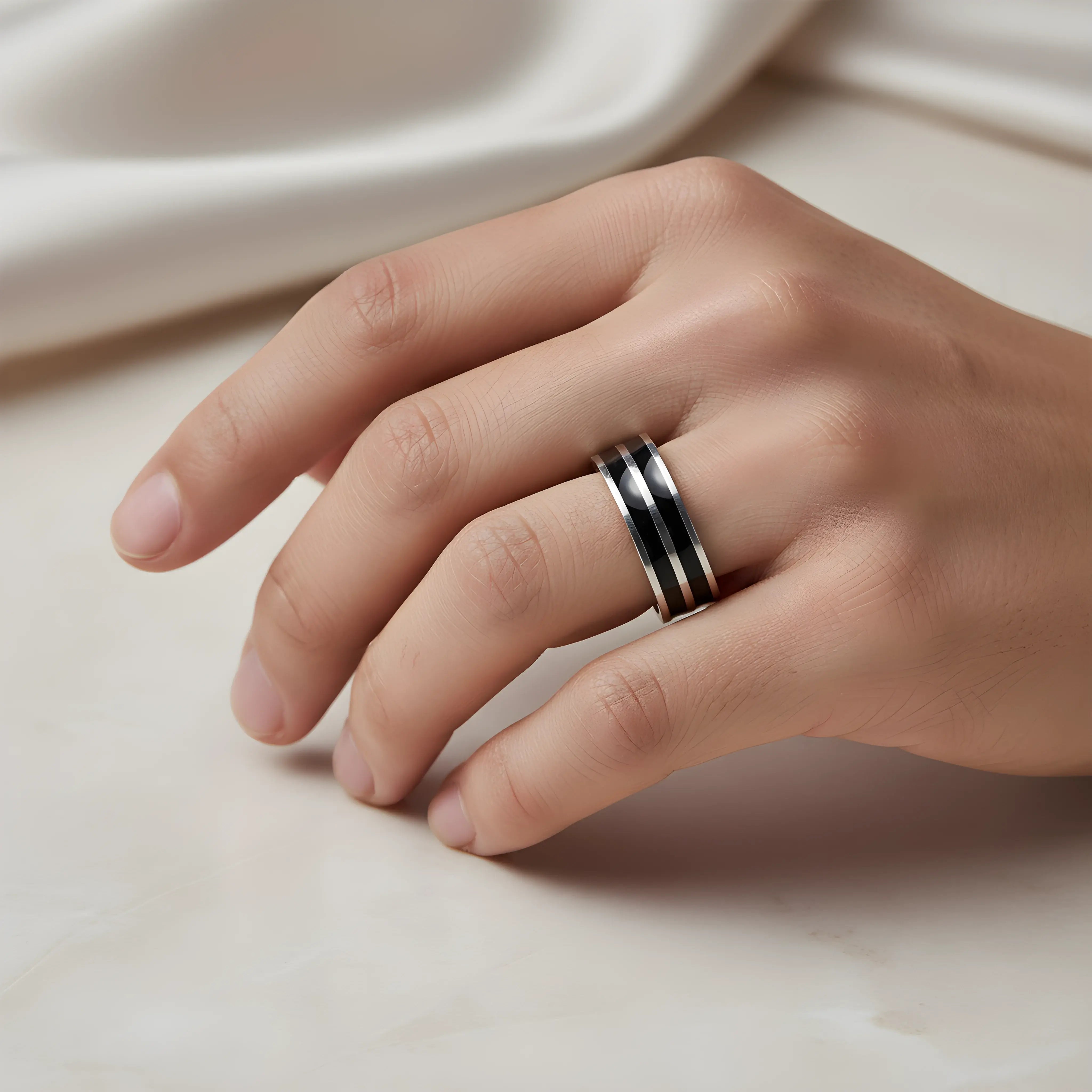 Dual Black Stripe Steel Ring 6.2cm