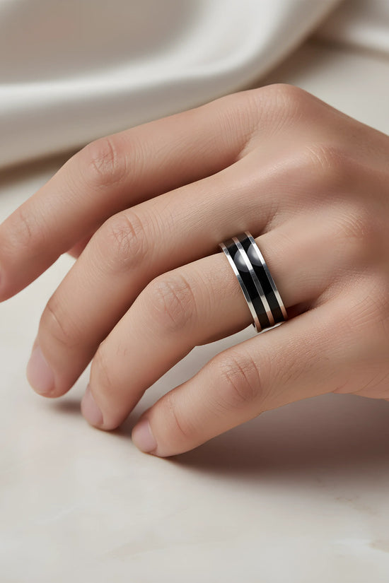 Dual Black Stripe Steel Ring 6.2cm