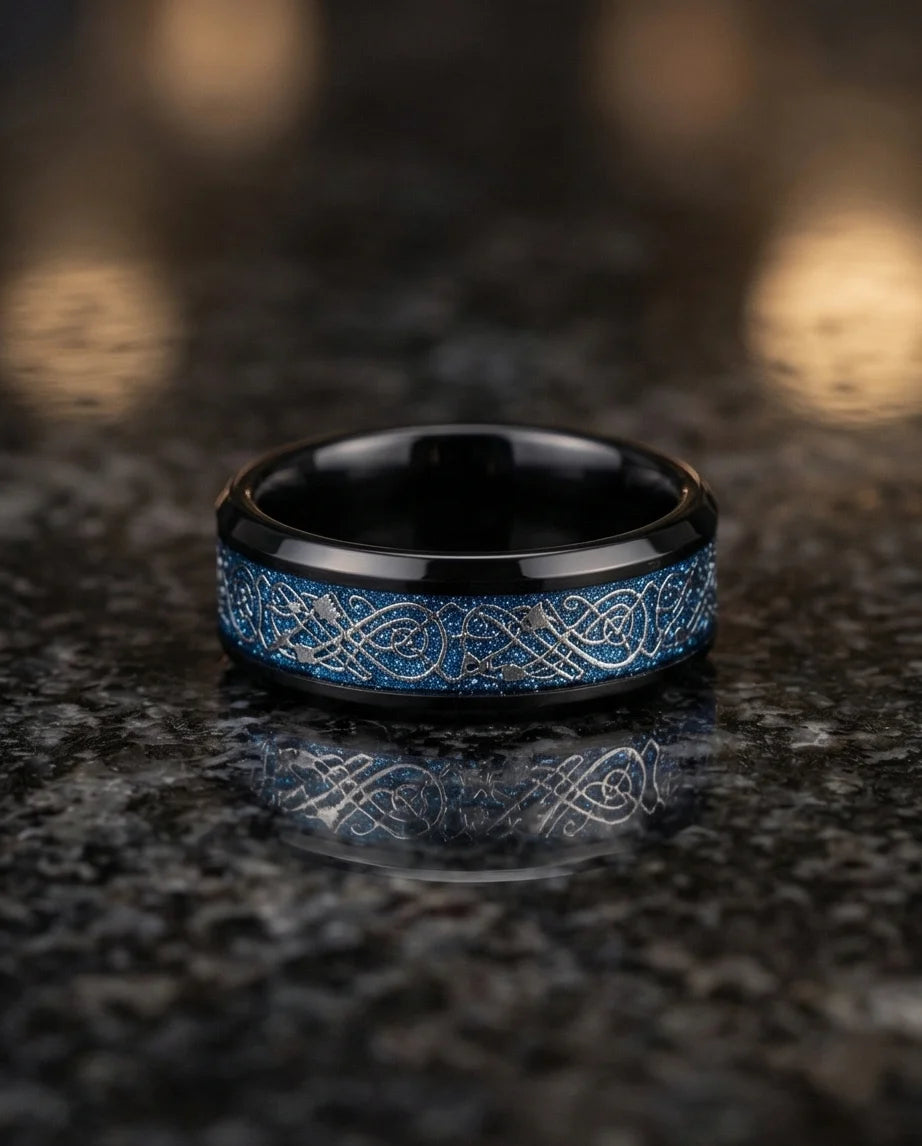 Stardust Blue Celtic Knot Black Tungsten Ring