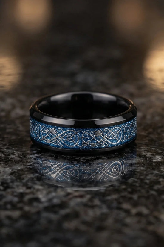 Stardust Blue Celtic Knot Black Tungsten Ring