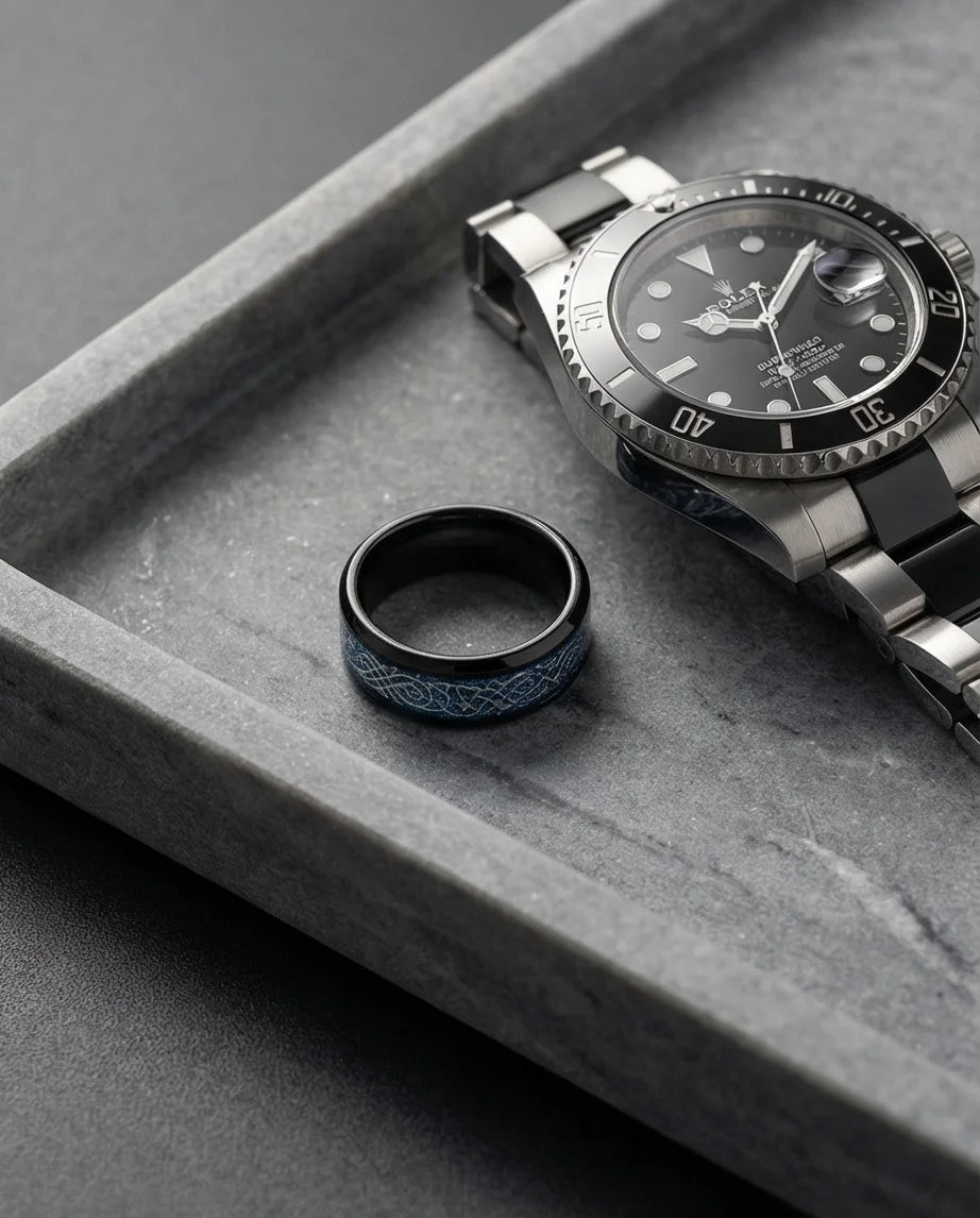 Stardust Blue Celtic Knot Black Tungsten Ring