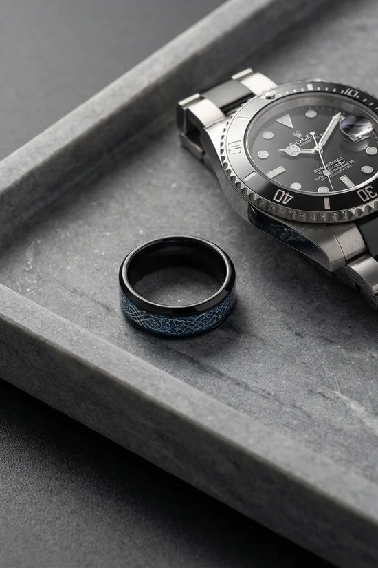 Stardust Blue Celtic Knot Black Tungsten Ring